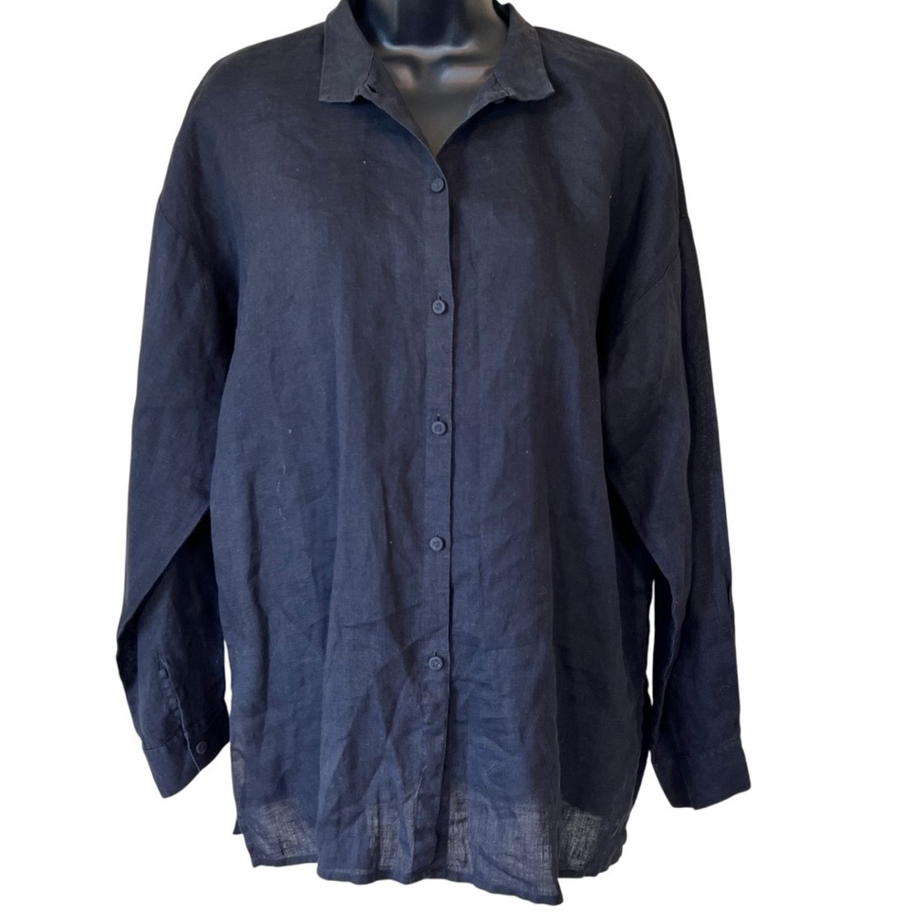 Eileen Fisher Irish Linen Classic Collar Black Button Down Boxy Shirt